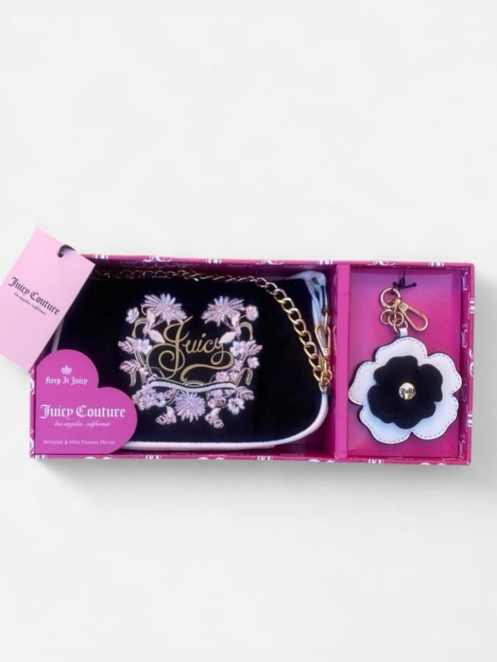 Juicy Couture Liquorice Bloom Convertible Wristlet & Flower Mirror Bag Charm NWT